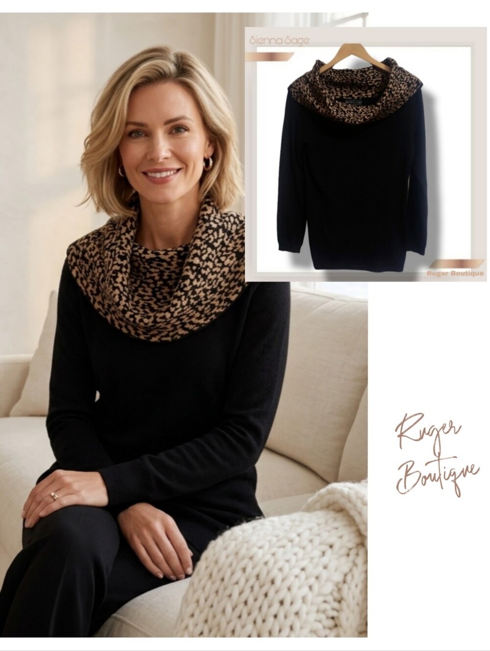 🌿Wild Comfort: Sienna Sage Women's Medium Cowl Neck Leopard Sweater